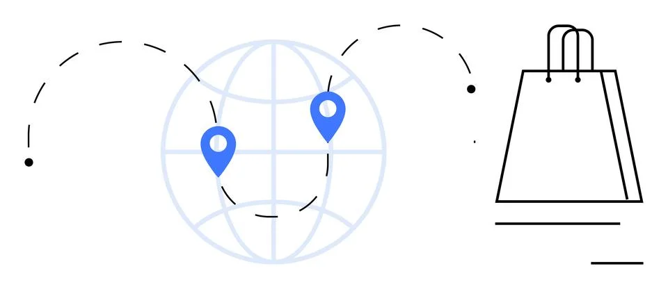 Global e-commerce concept with shopping bag and world map with location marke Illustration