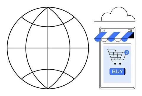Global E-commerce Concept with Shopping Cart Notification on Mobile Device イラスト素材