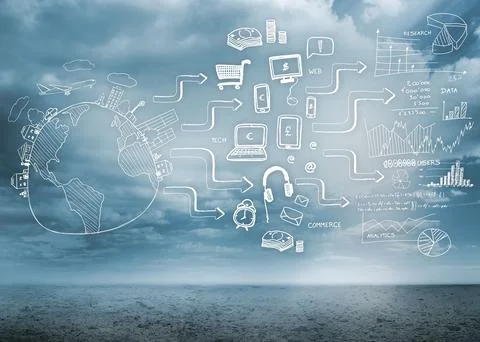Global e-commerce flow concept is appearing over ocean seascape with white hand Stock Illustration