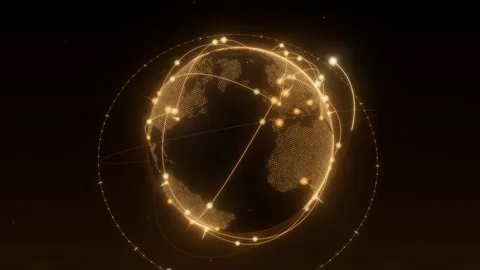 Global earth amber data beacons rays connectivity loop 3D animation seamless Stock Footage 341185447