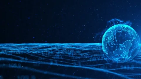Global earth analytics visual with bright dotted globe, blue data waves, digital Stock Footage 340553122
