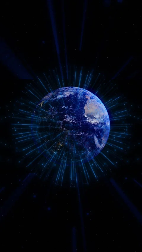 Global Earth communication visual glowing blue rays, network points, and cinemat Stock Footage 340556462