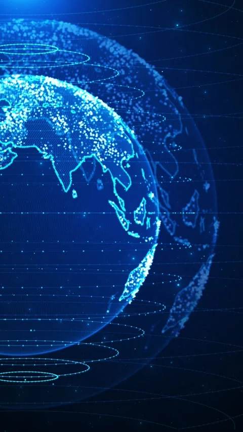 Global earth data space blue dotted map, orbit rings, star field, clean empty ar Stock Footage 340456274