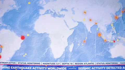 Global Earthquake Activity on Camera Shot Computer Screen Monitor Stock Footage 345726205