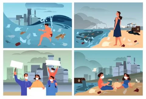 Global ecology problems set. Environmental disaster, earths Stock Illustration