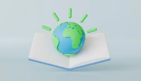 Global Education Concept 3D Render of Earth on Open Book with Idea Bulbs Stock Illustration