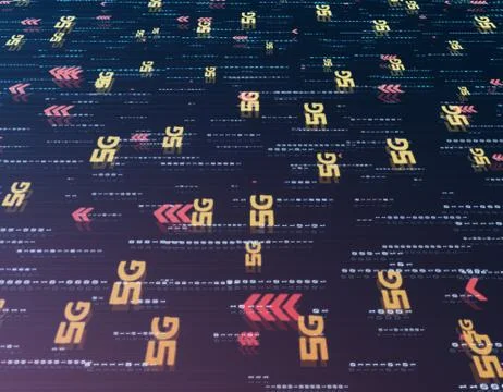 Global electronic technology 5G network, data transmission and storage Illustrazione stock