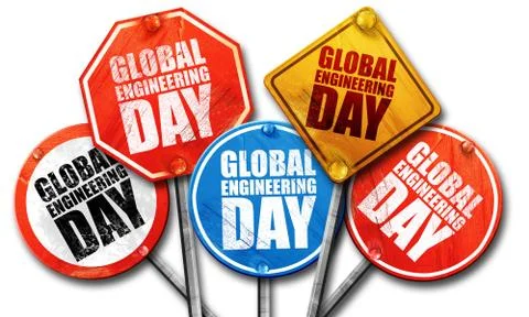 Global engineering day, 3D rendering, street signs Stock Illustration