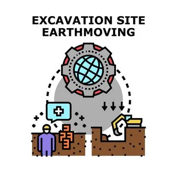 Global excavation site earthmoving with construction worker Stock Illustration