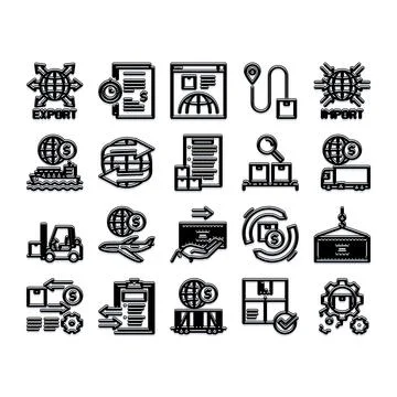 Global export import logistics and shipping business icons Stock Illustration