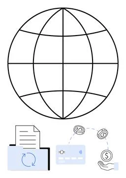 Global Finance Concept with Globe, Document, Credit Card, Coins, and Safe H.. イラスト素材