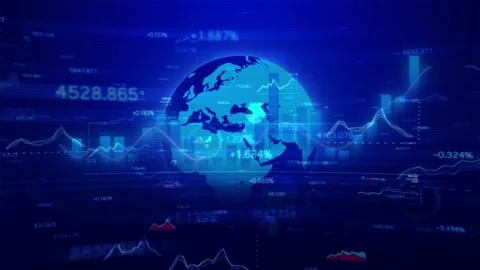 Global Finance Data and Stock Charts Orbiting Digital Blue Earth Stock Footage 336900569