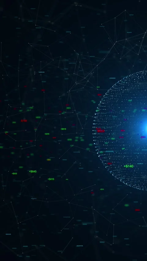 Global finance data network dotted globe edge, green profit values, red loss num Stock Footage 340557636