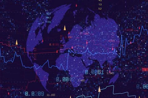Global financial analytics dashboard with world map, stock market charts and  Stock Illustration