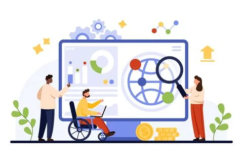 Global financial analytics, strategic analysis of tiny diverse SEO marketing Illustrazione stock