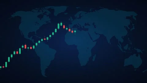 Global financial candlestick chart rising across dark world map. 4K 動画素材 346453043