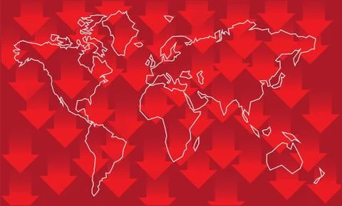 Global financial crisis - vector background. World map and lot of arrows to down 스톡 일러스트
