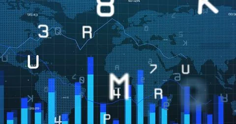 Global financial data analysis with bar graphs and world map in background Foto stock