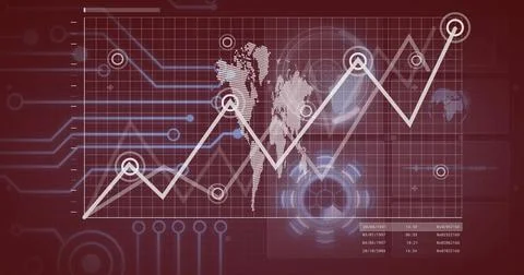 Global financial data and technology image over world map on red background 스톡 일러스트