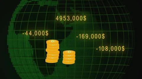 Global financial data displayed on a digital globe with stacked gold coins .. Stock Footage 321450276