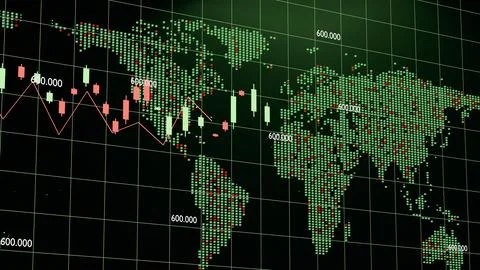 Global Financial Data Visualization: Digital World Map with Trading Chart 스톡 일러스트