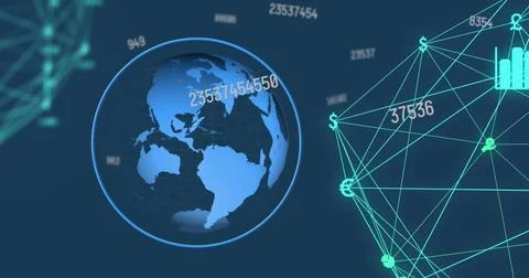 Global financial data visualized with digital connections and numerical Stock Photos