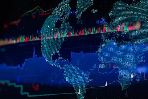 Global financial market analytics with digital world map, stock charts and da Stock Illustration