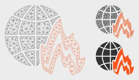 Global Fire Vector Mesh Carcass Model and Triangle Mosaic Icon イラスト素材