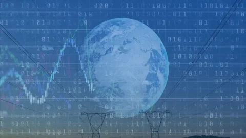 Global flat design view rotating blue Earth globe, streaming binary code and Stock Footage 307857734