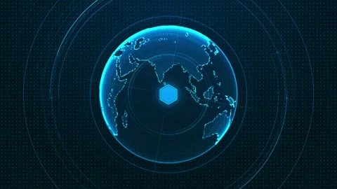 Global globe radar interface visual cyan world sphere, Asia region dots, circula Stock Footage 340528517