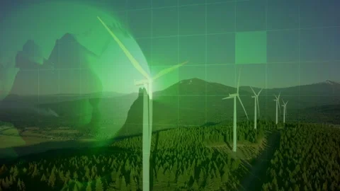Global green power concept with wind turbines over a forested landscape. Stock Footage 336479270