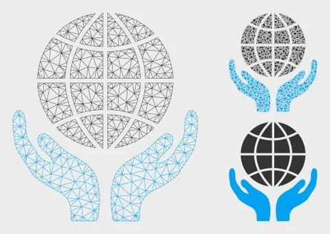 Global Hands Vector Mesh Wire Frame Model and Triangle Mosaic Icon 스톡 일러스트