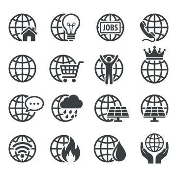 Global icons set representing diverse concepts like home, ideas, jobs, comm.. Stock Illustration
