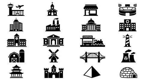 Global infrastructure and architectural landmark silhouette icon collection Stock Illustration