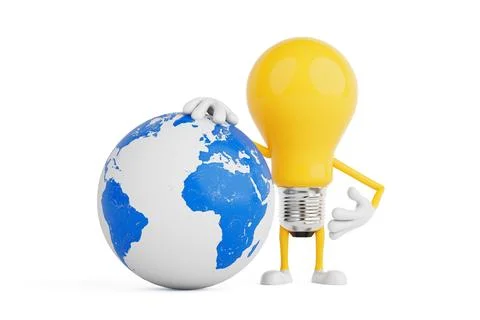 Global Innovation And Knowledge Concept. Yellow Light Bulb Character Holdin.. Stock-Illustration