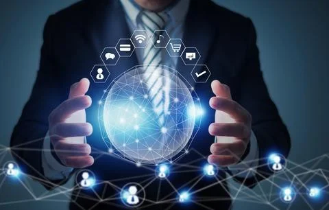 Global innovation and networking technology concept, businessman holding so.. Stock Photos