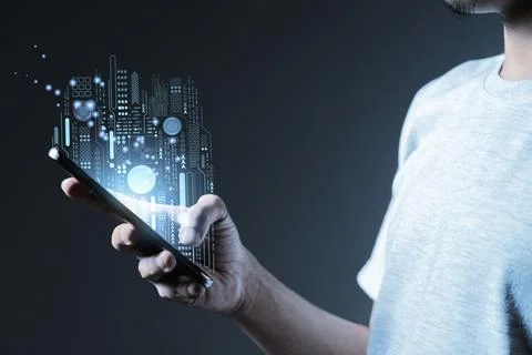 Global internet connection application technology and digital marketing Stock Photos