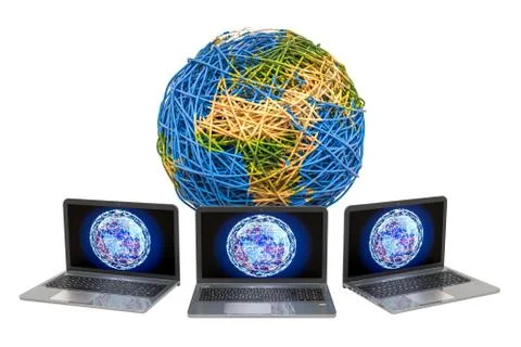 Global internet connection concept. Earth Globe from cable with laptops. 3D r Stock Illustration