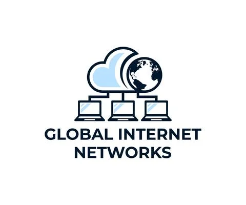 Global internet networks, computers, cloud server and planet earth, logo Stock Illustration