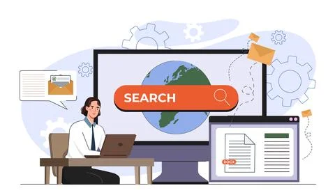 Global internet search and document sharing. Vector illustration Illustrazione stock