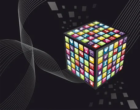 Global iphone apps icons cube Smartphone application icons in cube shape o... Stockfoto's