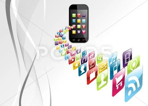 Global iphone apps icons tech background Stock Illustration