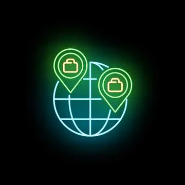 Global job search finding work location worldwide neon icon Stock Illustration