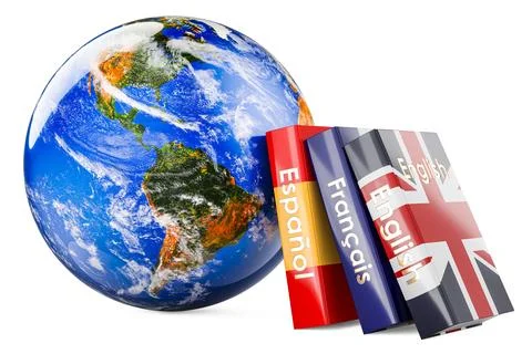 Global Language Learning, concept. Textbooks or dictionaries with Earth Glo.. Illustrazione stock
