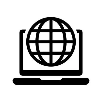 Global, laptop, big data icon. Black vector graphics. Stock Illustration