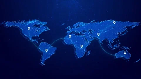 Global location pin network visual blue dotted world map, connected route arcs, Stock Footage 340479837