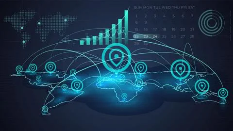 Global logistics and data distribution network with bar graphs, location markers Stock Illustration