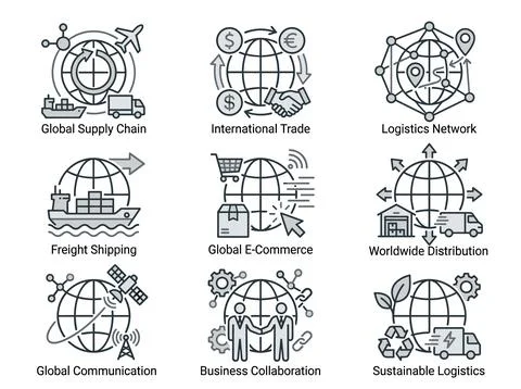 Global logistics and supply chain icons set: freight shipping, internationa.. Stock Illustration