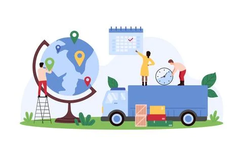 Global logistics and world map coverage, tiny people consulting on time of Stock Illustration