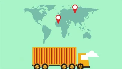 Global logistics animation featuring world map with location pins and large.. Stock Footage 334090836